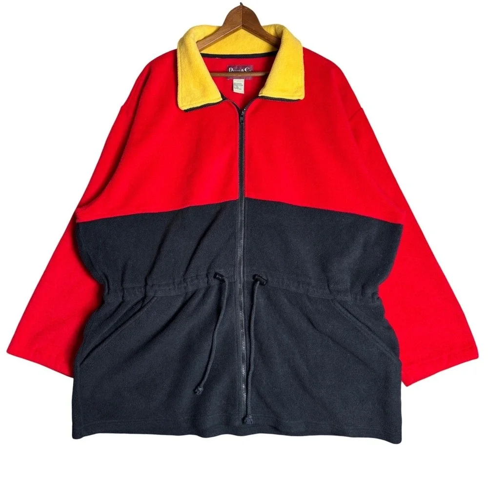 Denim & Co Mens 2X Fleece Jacket Colorblock Red Black Yellow Vintage Zip Up 90s